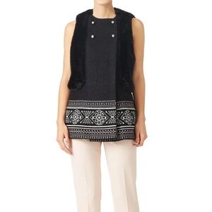 Giamba Aztec Print Black and White Virgin Wool Blend Fur Fuzzy Vest